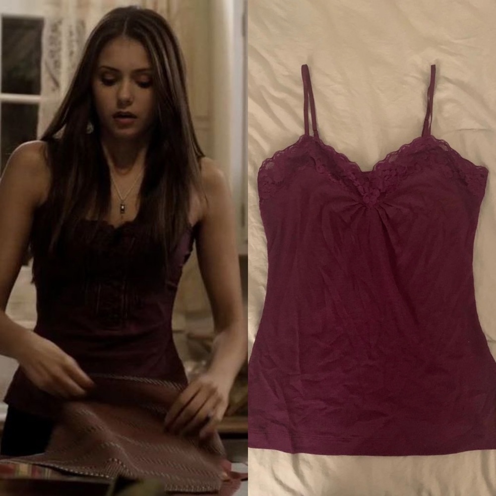 y2k Elena Gilbert lace trim purple camisole